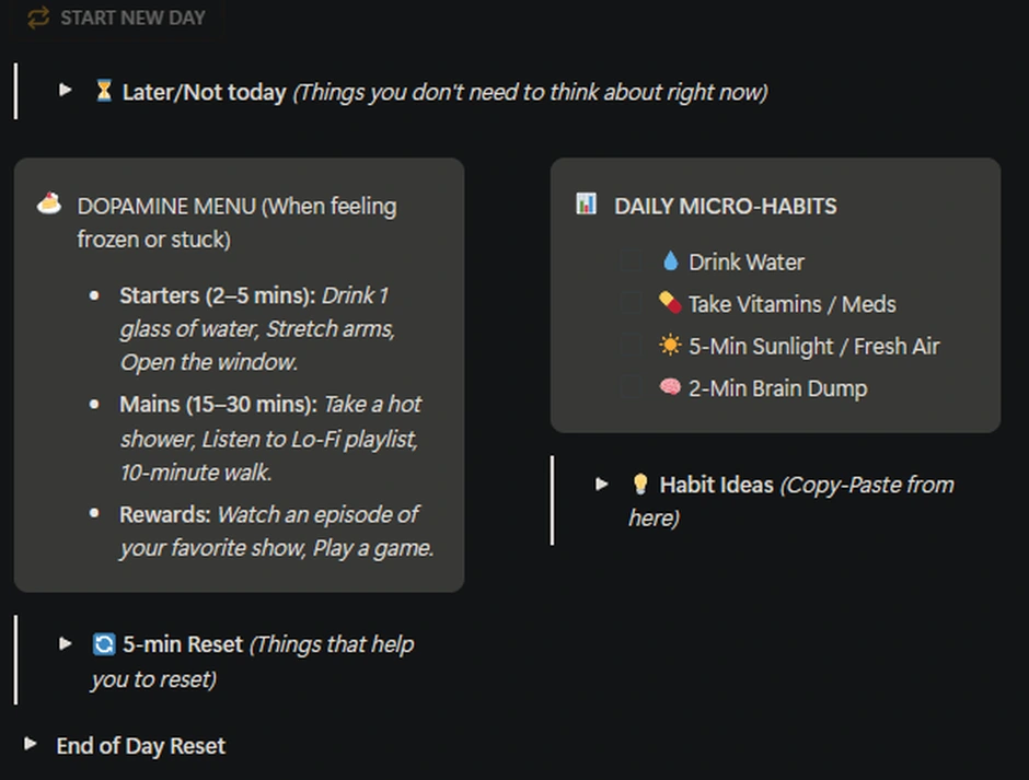 Real Dopamine Menu, daily micro-habits and End of Day Reset sections