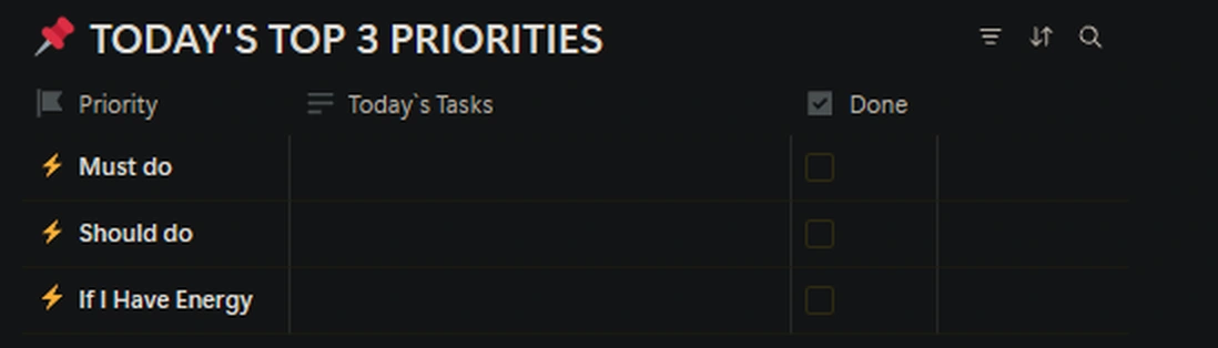 Real Today's Top 3 Priorities database in the ADHD Notion Planner